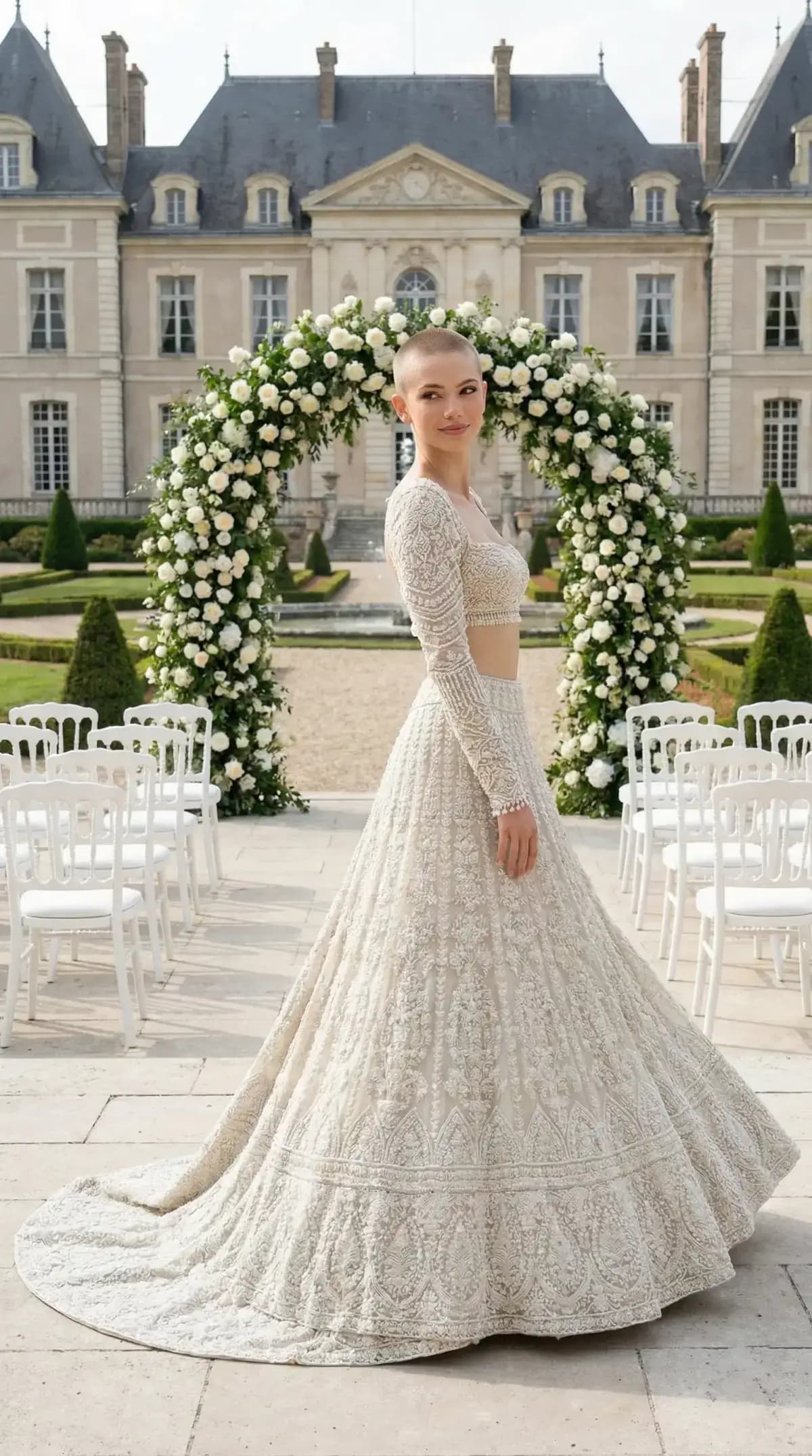 Long-sleeve beaded lace ballgown at French chateau