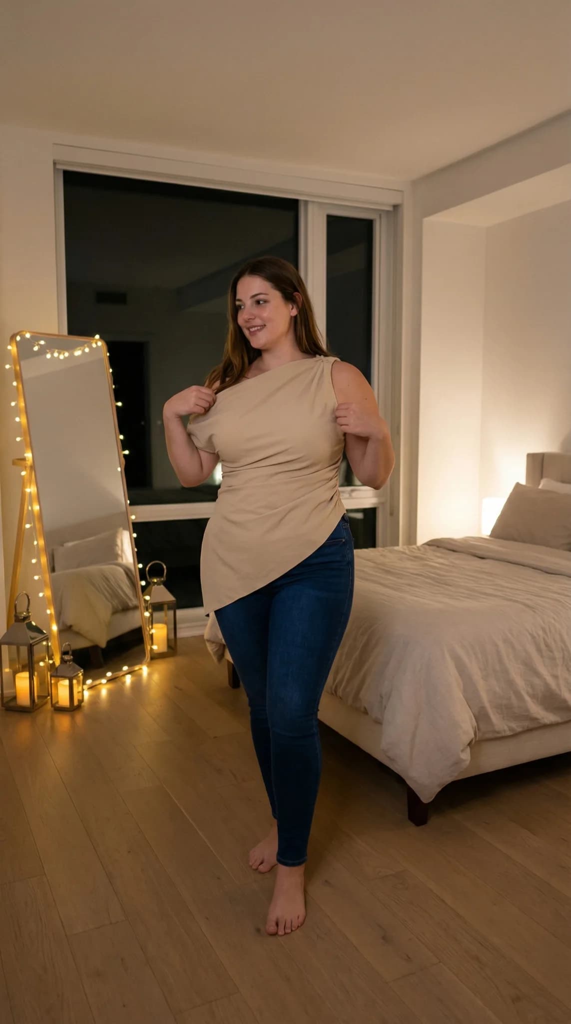 Beige asymmetric draped top with skinny jeans in cozy fairy-light bedroom