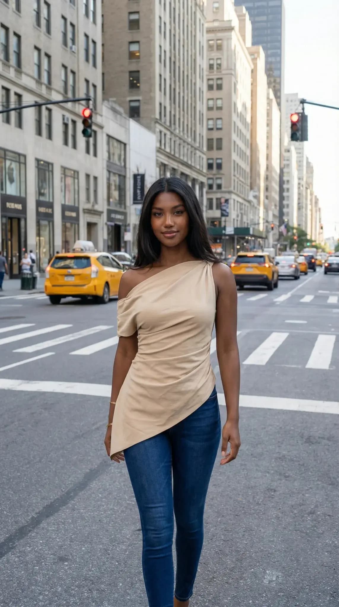 Beige one-shoulder draped top with skinny jeans on NYC crosswalk