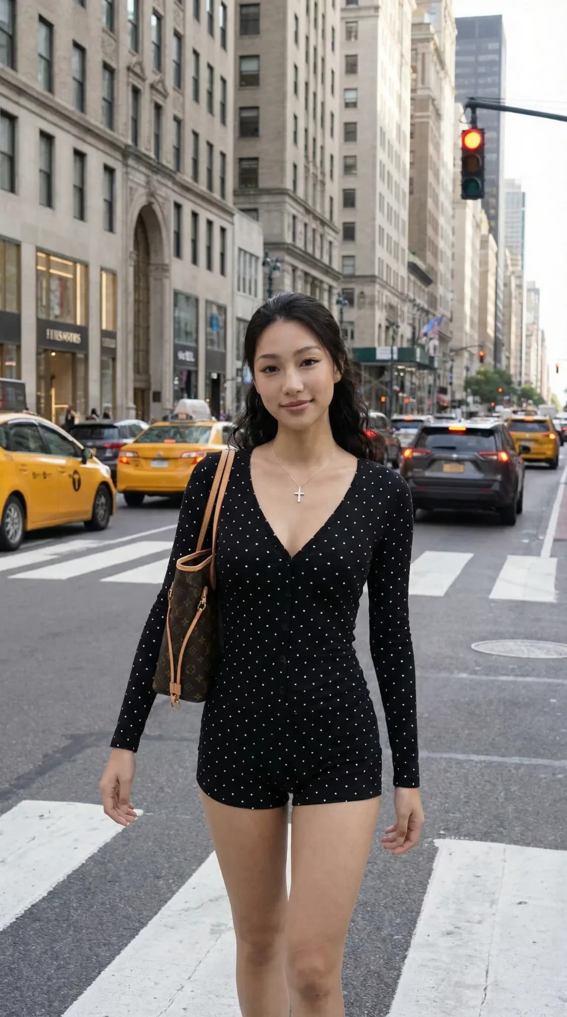 Black polka dot v-neck long-sleeve romper on New York City crosswalk