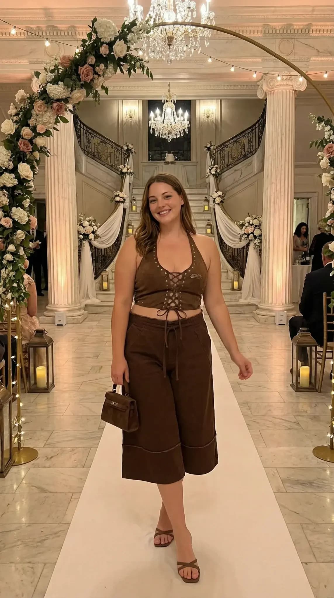 Brown lace-up halter top with matching culottes at elegant ballroom venue