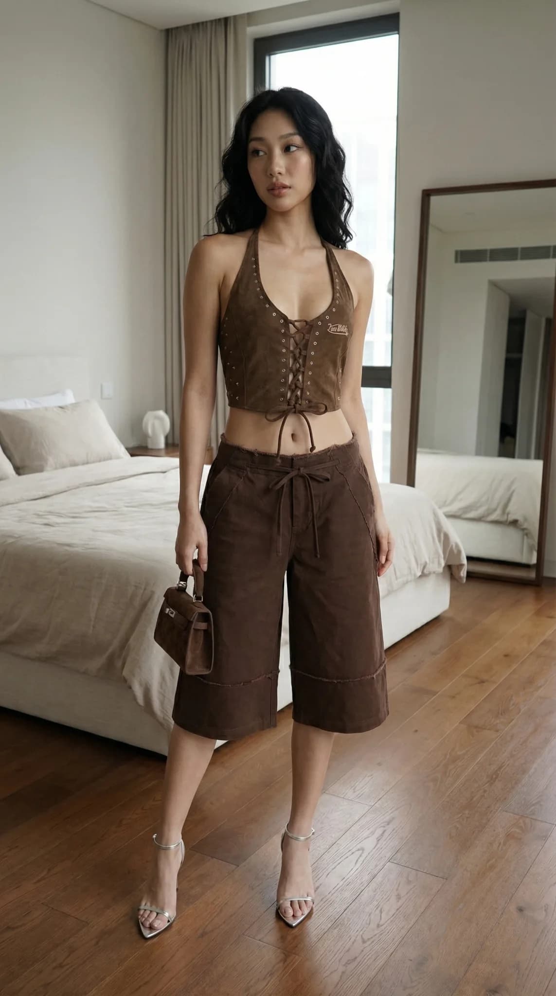 Brown suede lace-up halter corset with matching culottes in modern bedroom