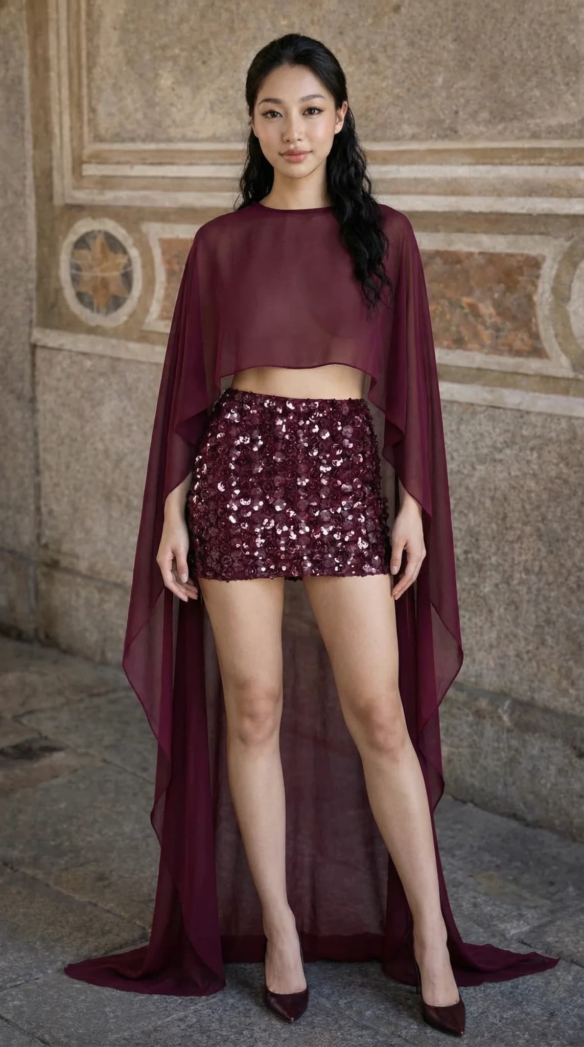 Burgundy chiffon cape top with sequin mini skirt at stone building