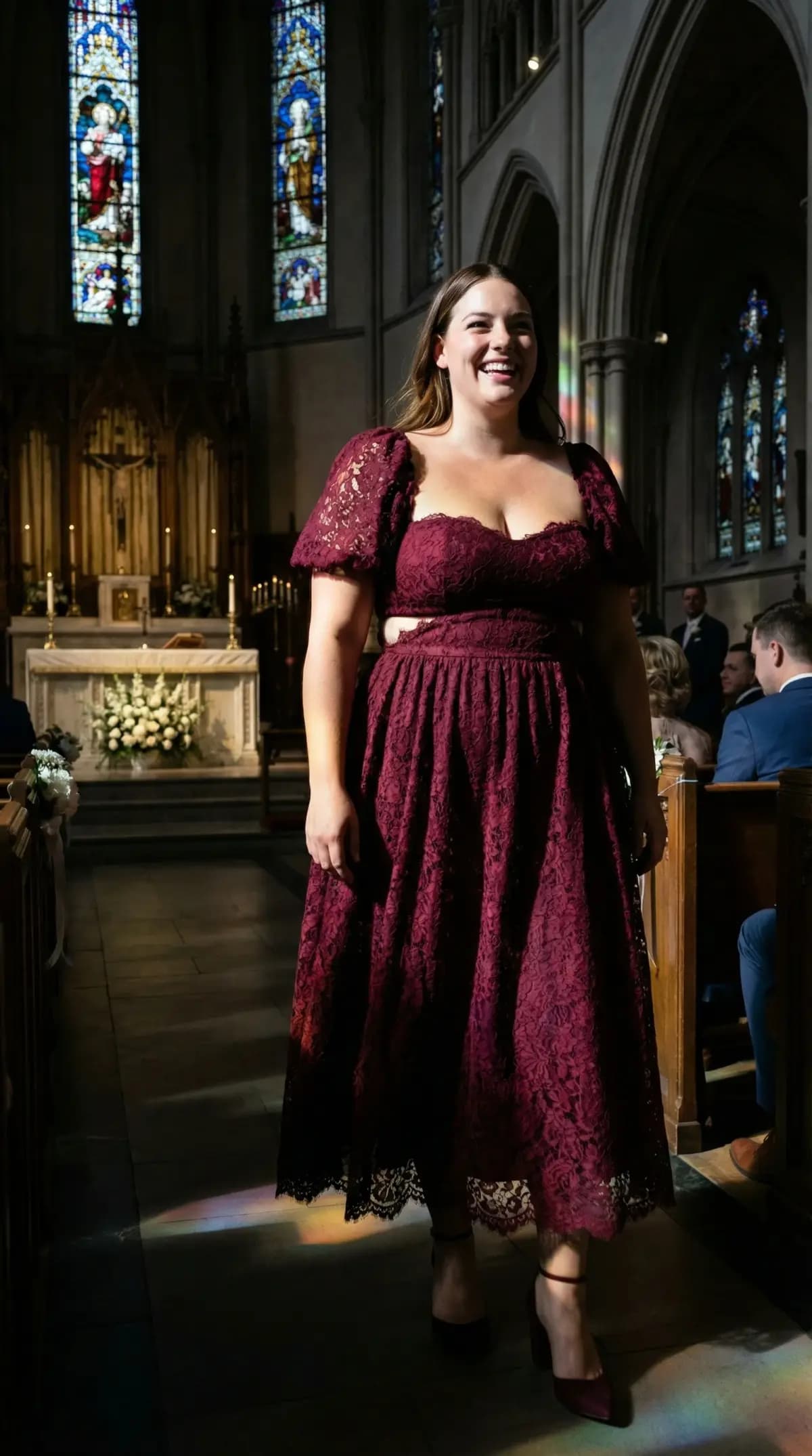 Burgundy lace midi dress in cathedral