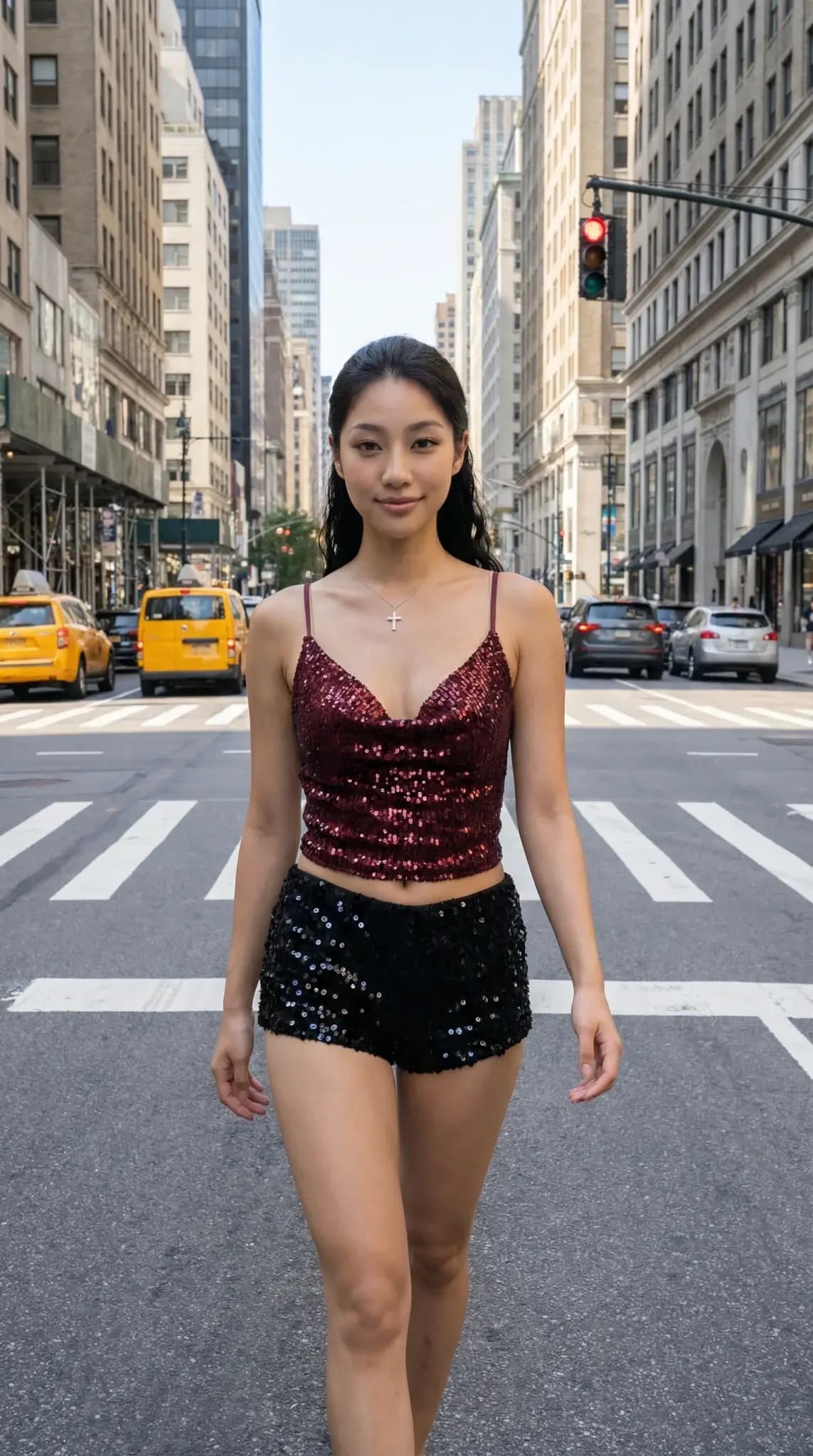 Burgundy sequin cami top with black sequin shorts on NYC crosswalk