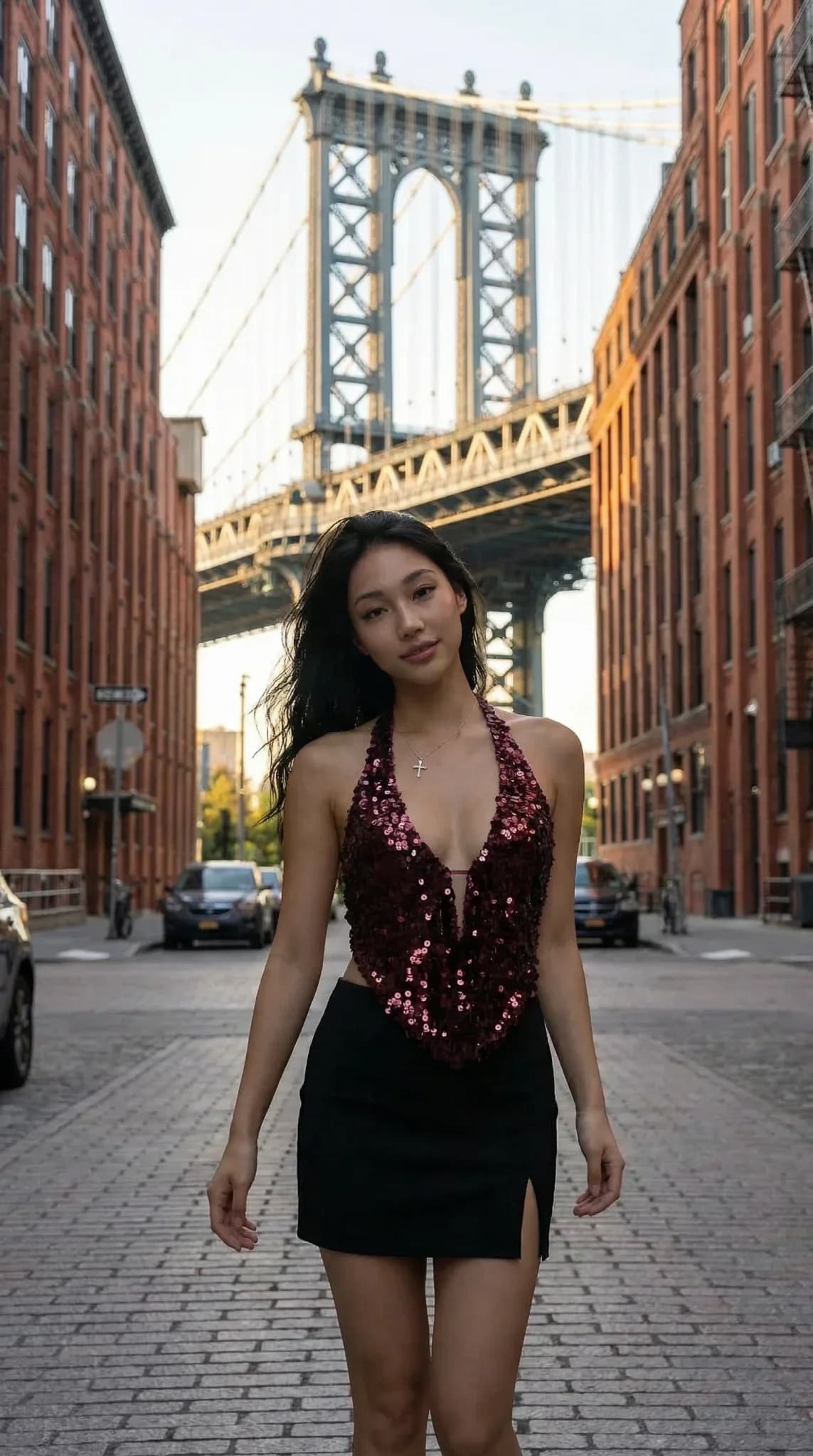 Burgundy sequin halter top with black slit mini skirt in DUMBO Brooklyn