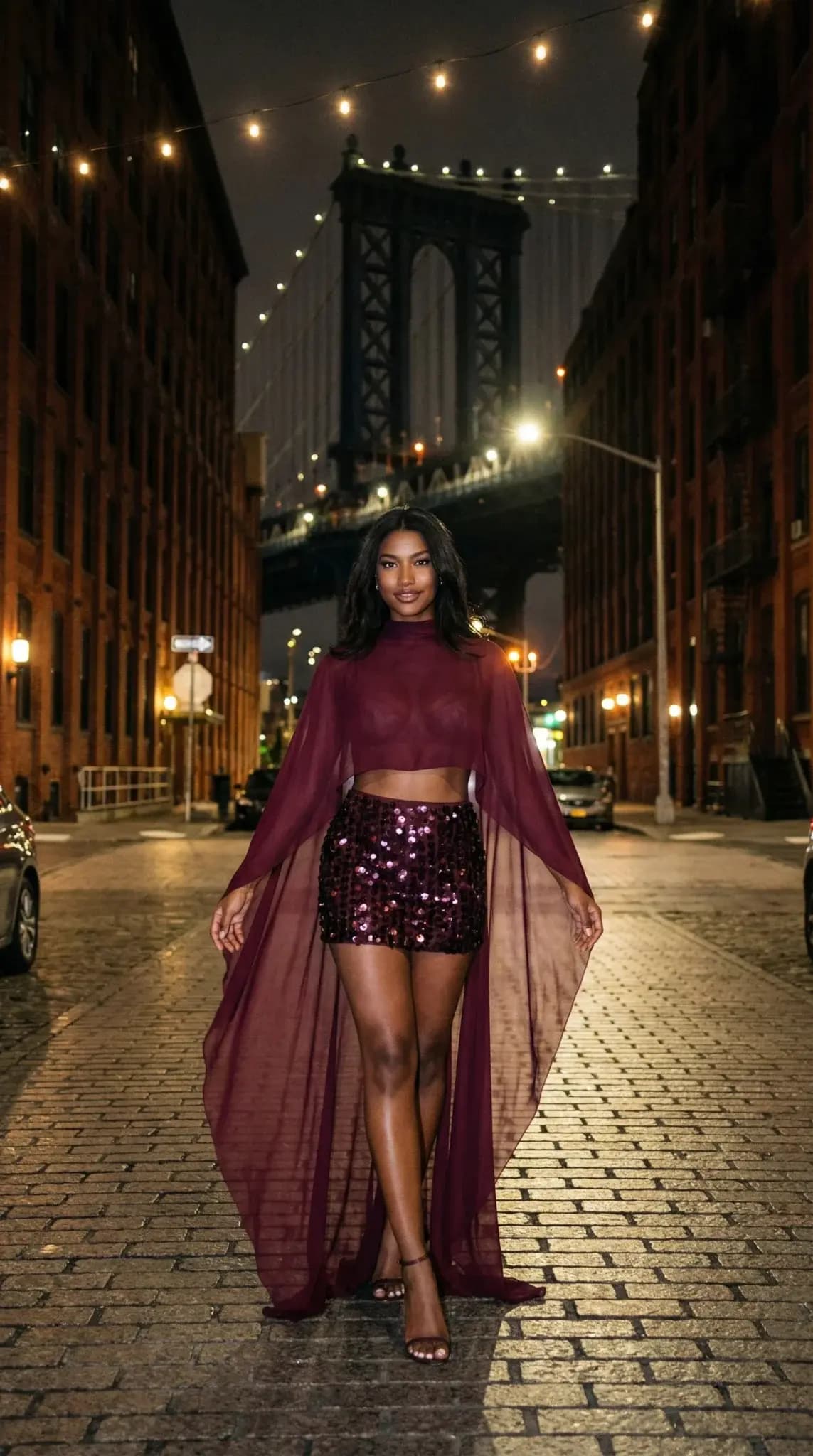 Burgundy sheer cape crop top with sequin shorts in DUMBO Brooklyn