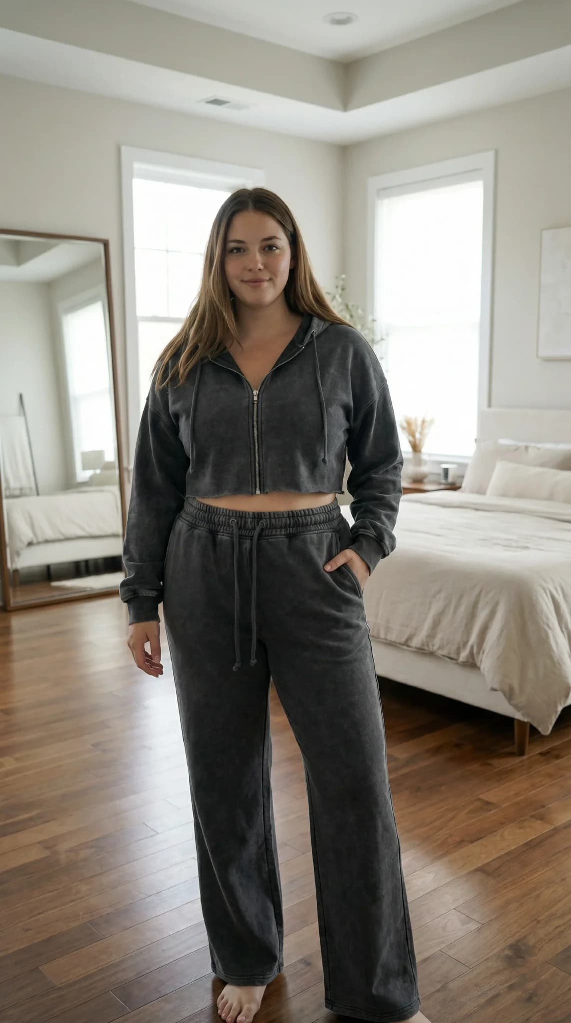 Charcoal washed cropped zip hoodie with matching sweatpants in bedroom