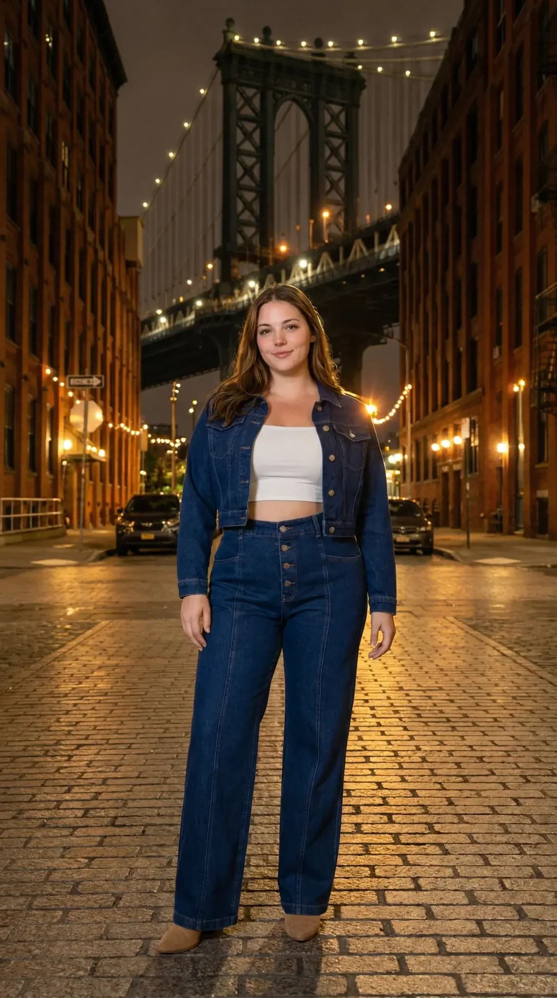 Dark denim cropped jacket with high-waisted wide-leg jeans in DUMBO Brooklyn
