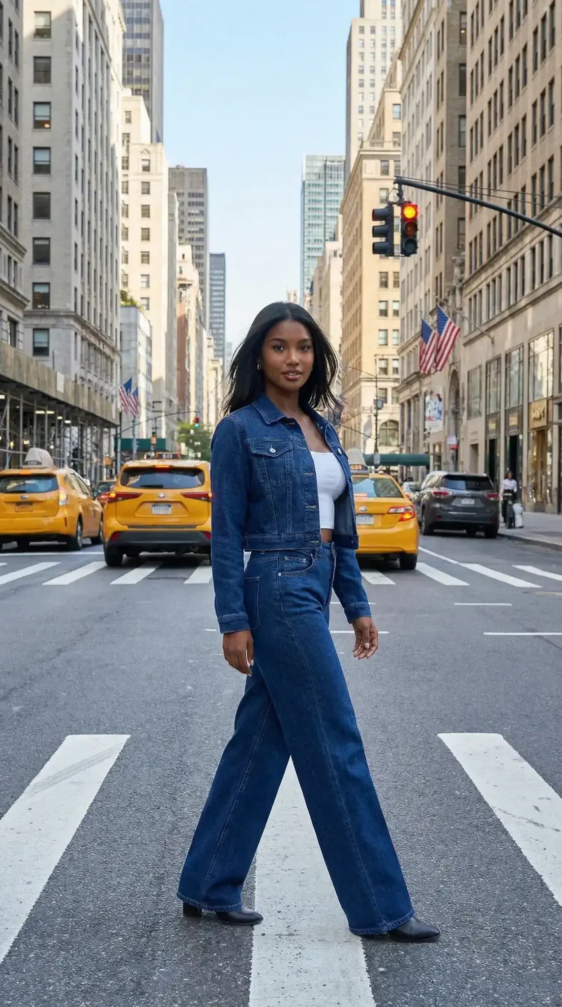 Denim cropped jacket and wide-leg jeans on New York City crosswalk