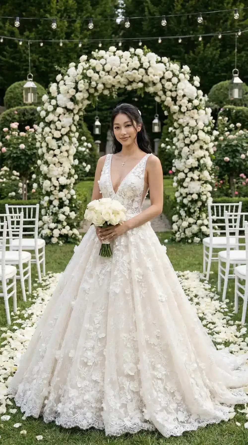 Floral lace ballgown in rose garden