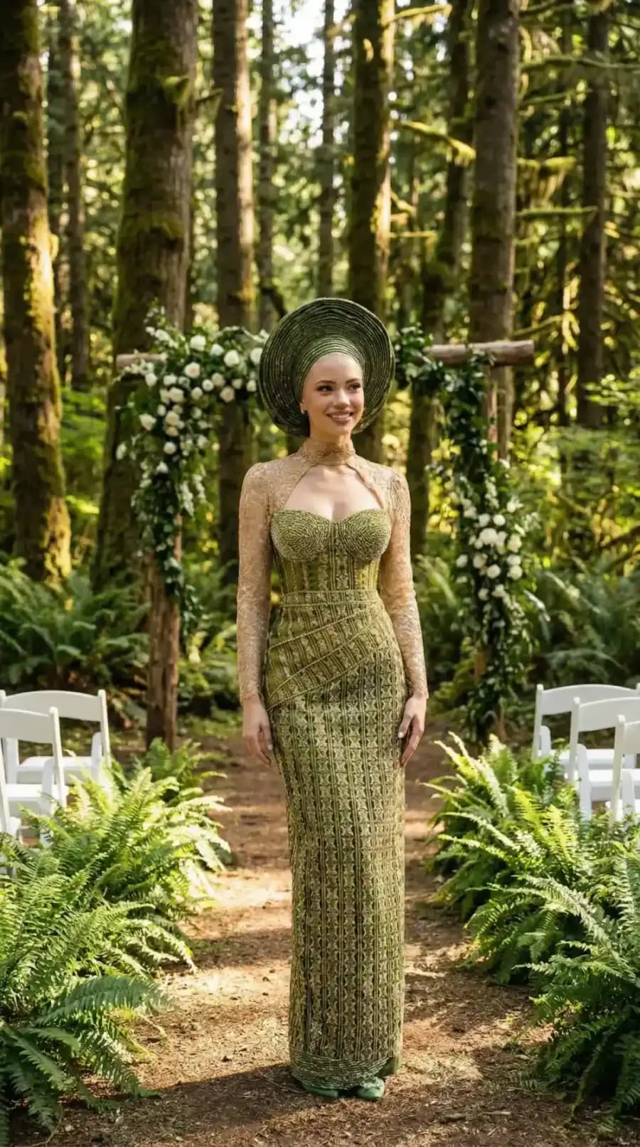 Gold woven aso-oke column dress with isicholo hat in forest ceremony