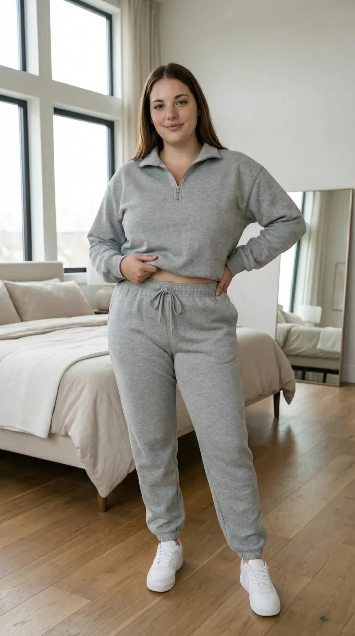 Gray quarter-zip cropped sweatshirt with matching joggers in bedroom