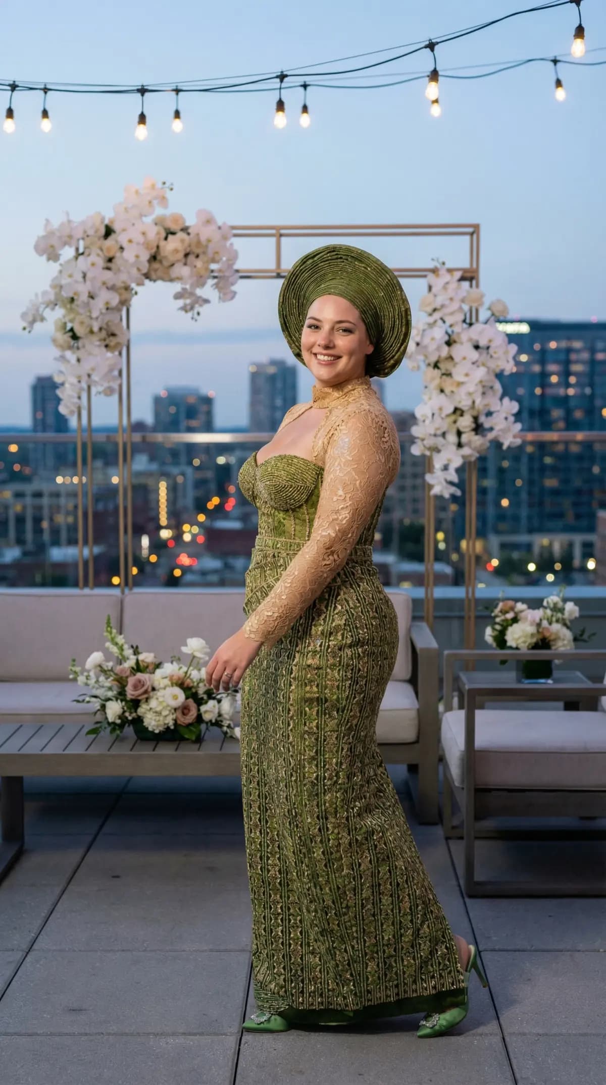 Green and gold aso-oke dress with gele headwrap on city rooftop