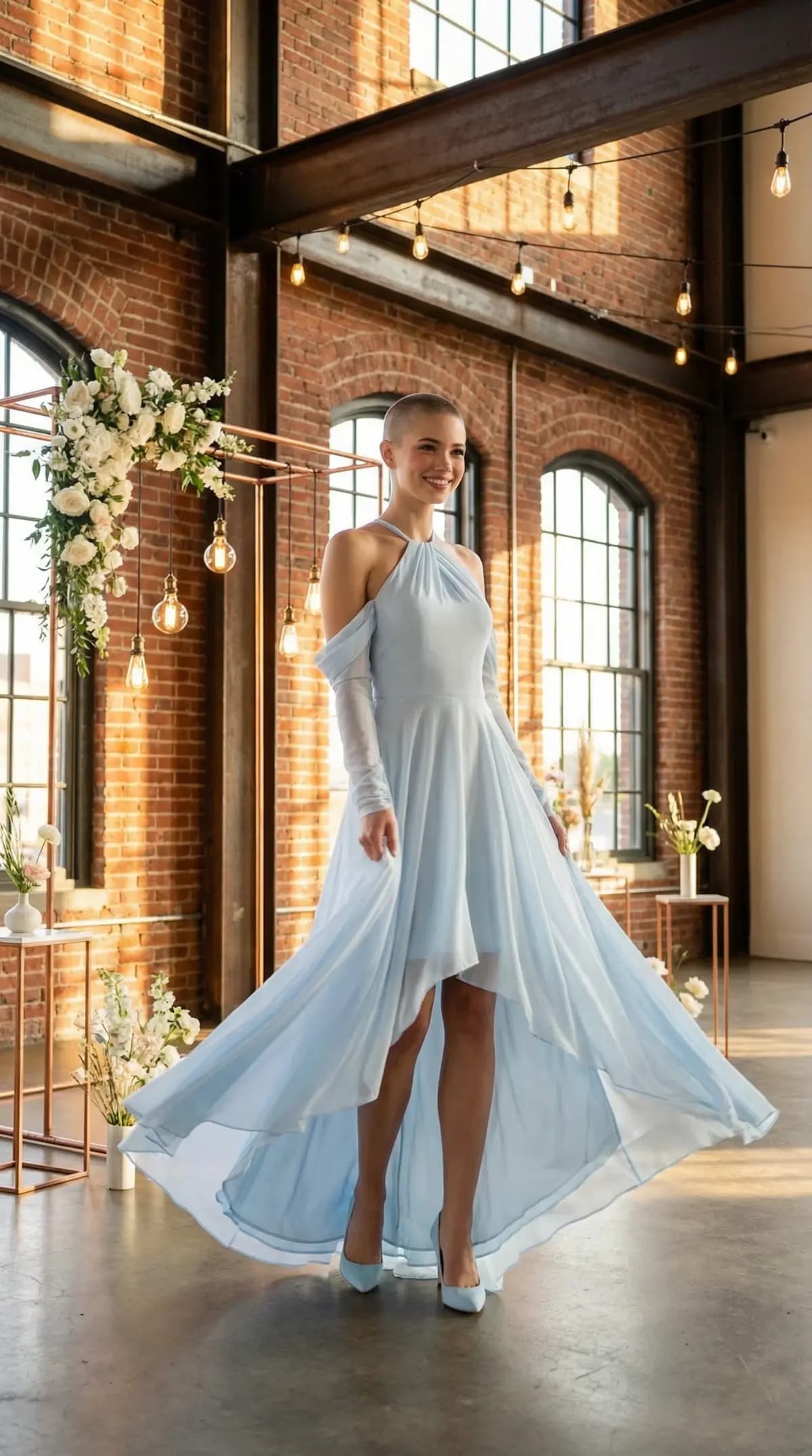 Ice blue halter high-low chiffon dress in industrial loft venue with Edison bulbs
