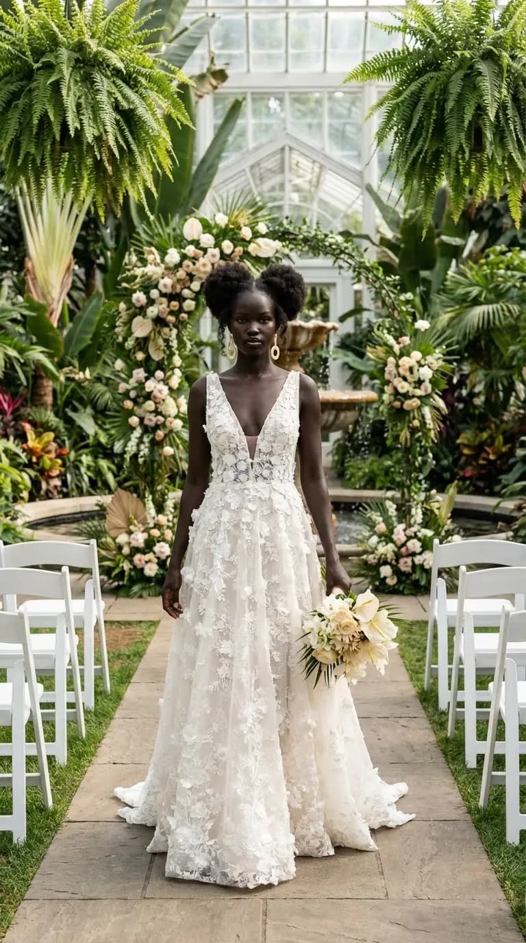 Lace A-line wedding gown in botanical greenhouse