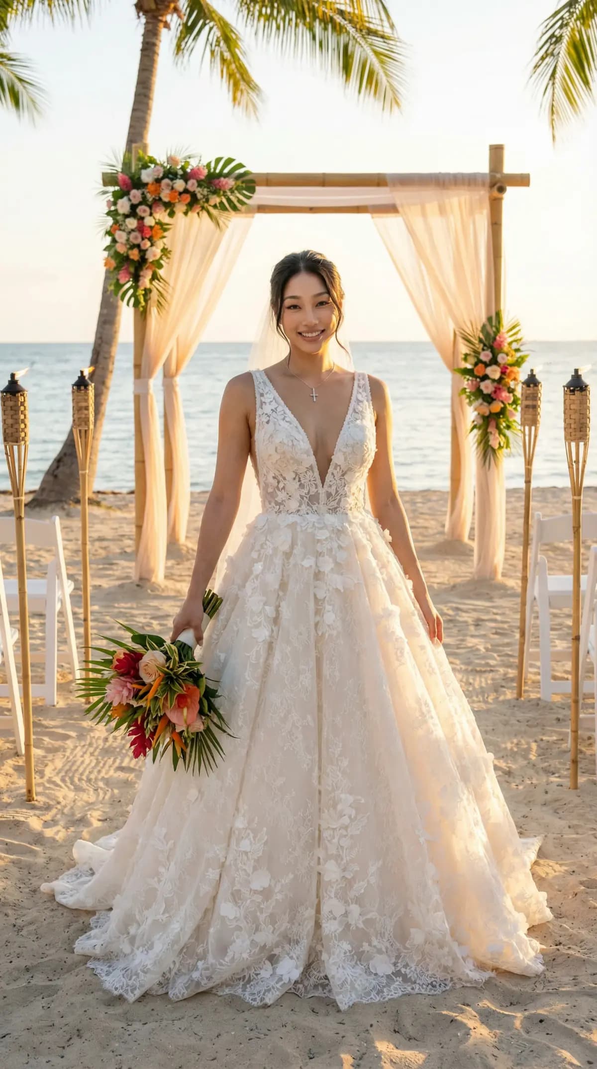 Lace A-line gown at tropical beach