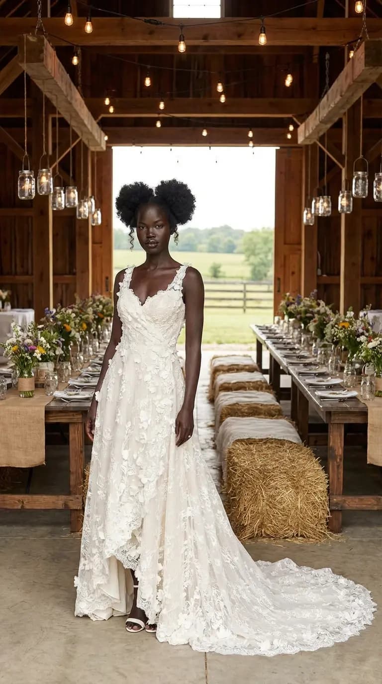 Lace A-line gown open back at barn reception