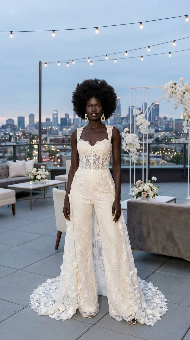 Lace bridal jumpsuit on city rooftop