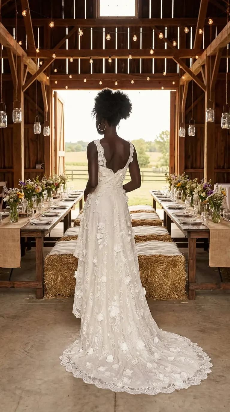 Lace gown open back at barn reception