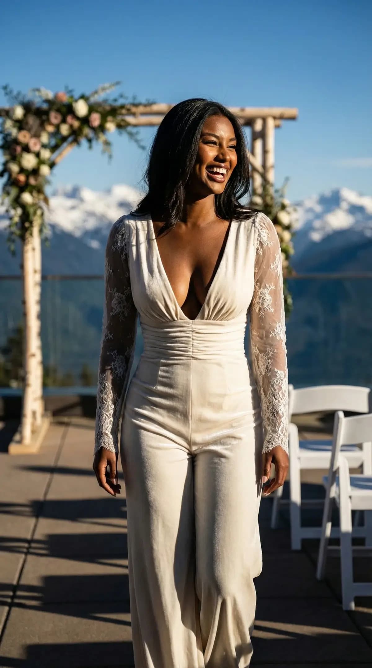 White lace-sleeve bridal jumpsuit at mountain venue