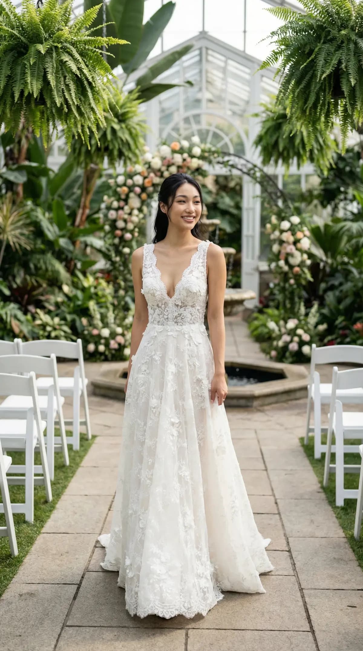 Lace V-neck A-line wedding gown in botanical conservatory