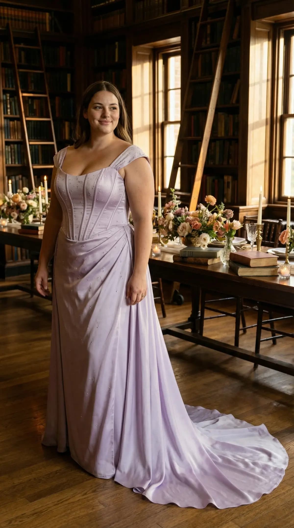 Lavender corset gown in library manor setting