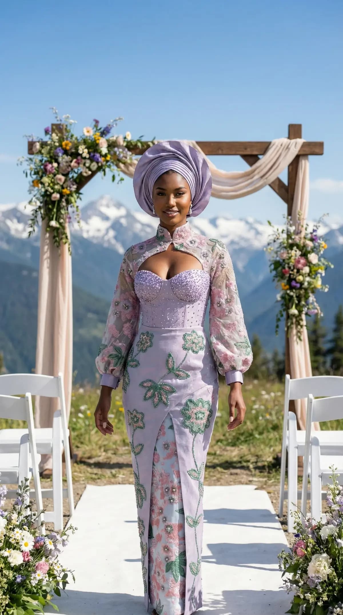 Lavender floral print dress with gele headwrap at mountain venue