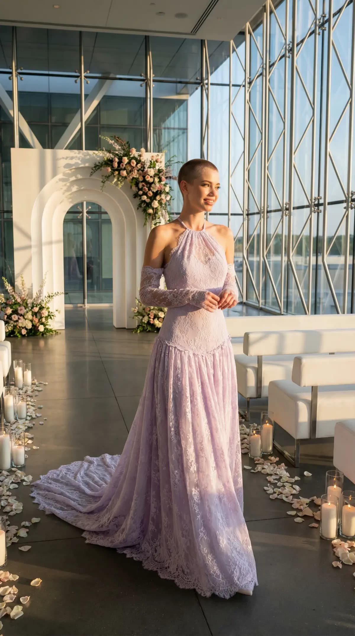 Lavender lace halter gown with long sleeves at modern glass venue