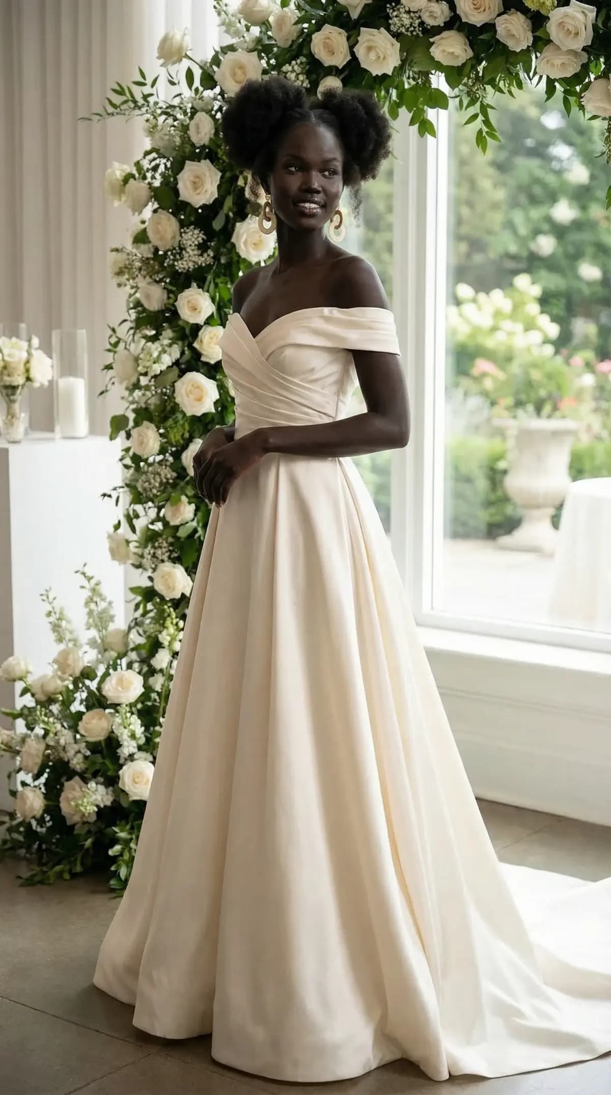 Off-shoulder satin ballgown at indoor venue