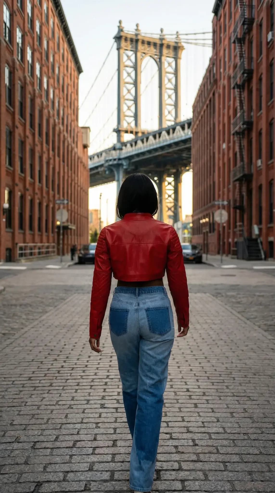 Red cropped leather jacket with light jeans back view walking in DUMBO Brooklyn