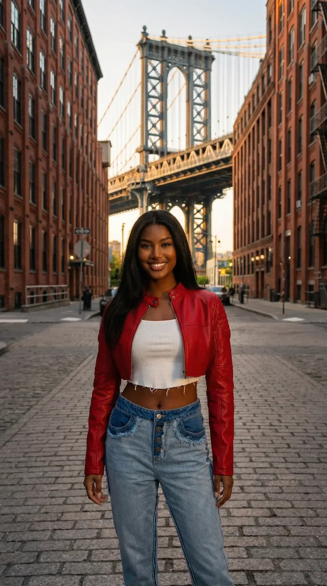 Red cropped leather jacket with white top and light jeans in DUMBO Brooklyn