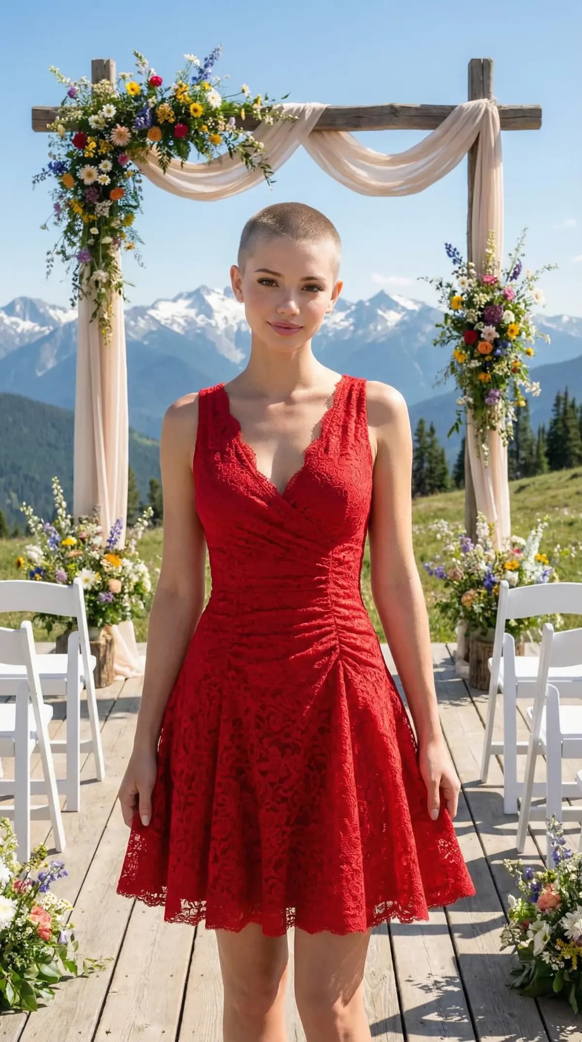 Red lace cocktail dress at mountain venue