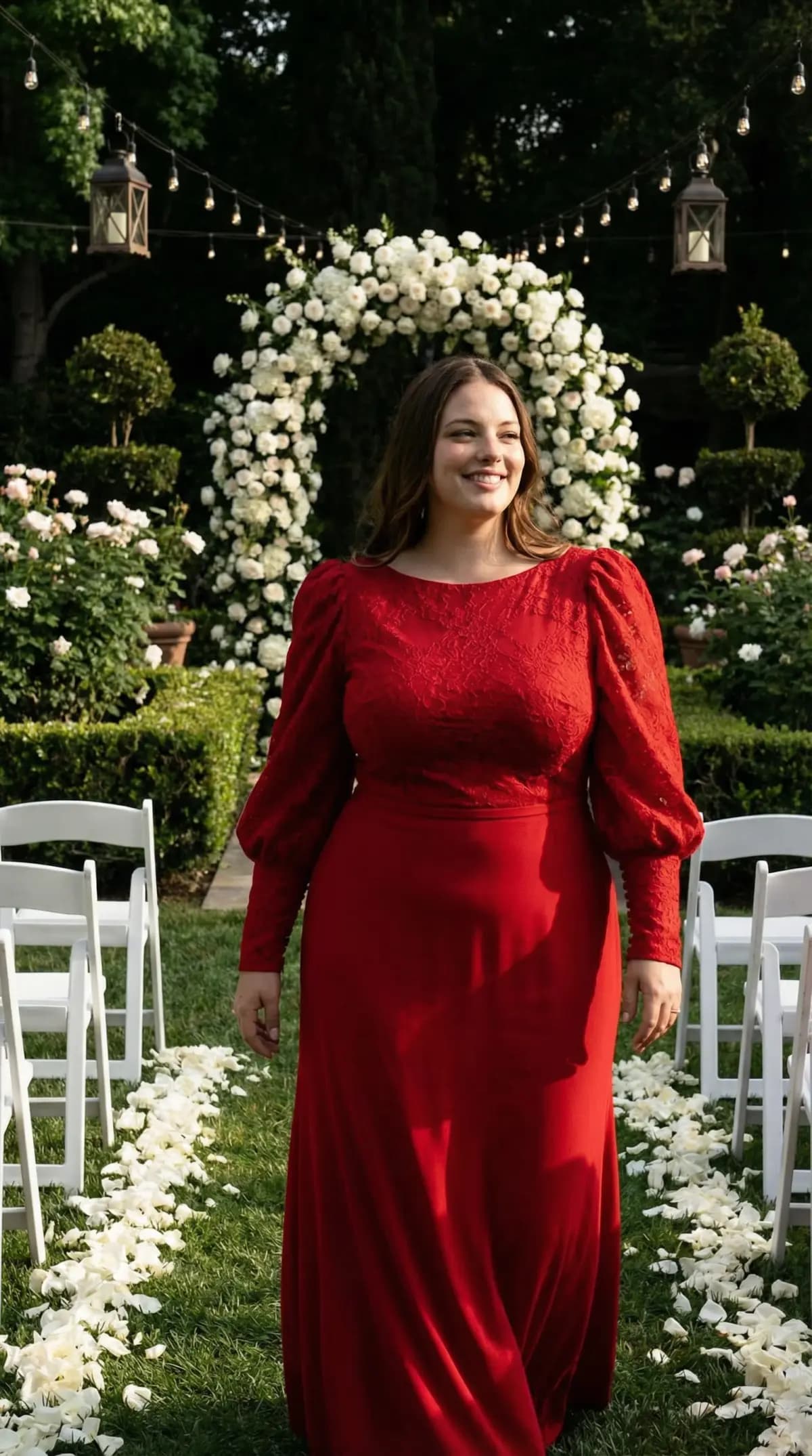 Red puff-sleeve maxi dress in garden with rose arch