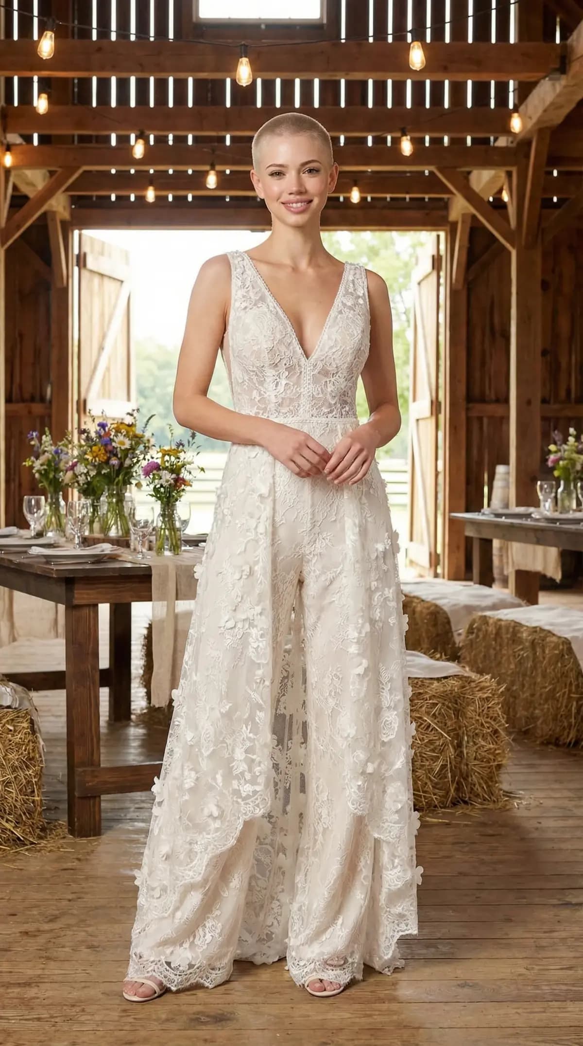 Sheer lace bridal jumpsuit at barn venue