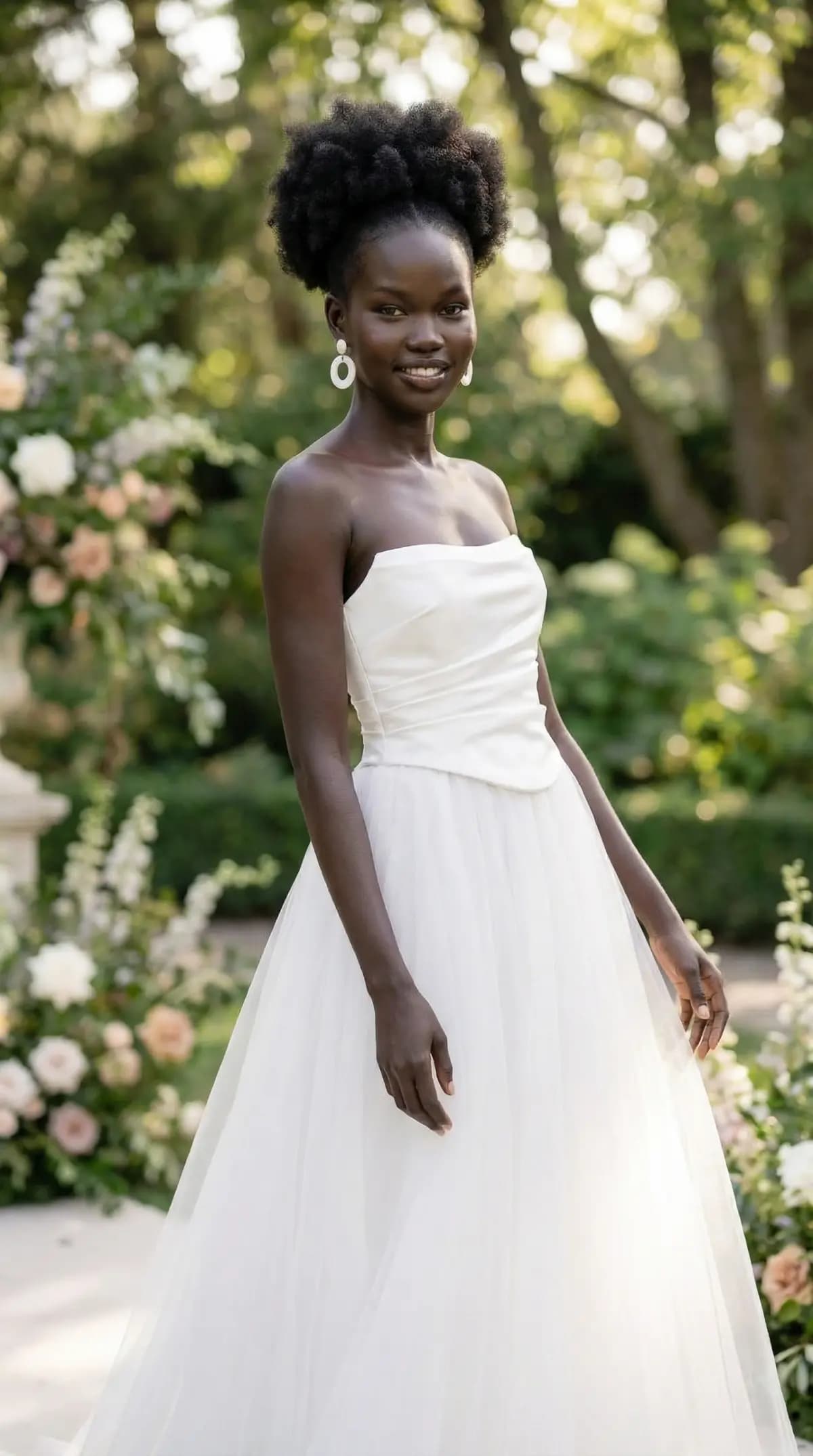 Strapless tulle ballgown in garden setting