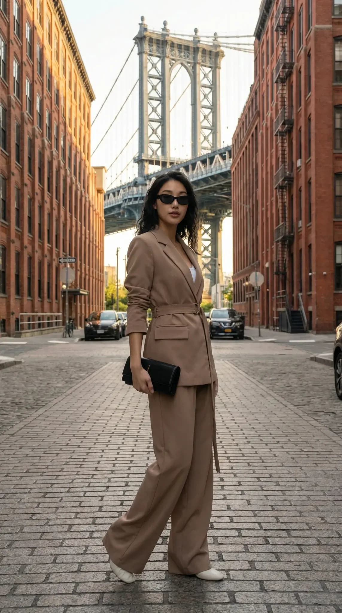 Tan belted blazer suit with wide-leg pants in DUMBO Brooklyn
