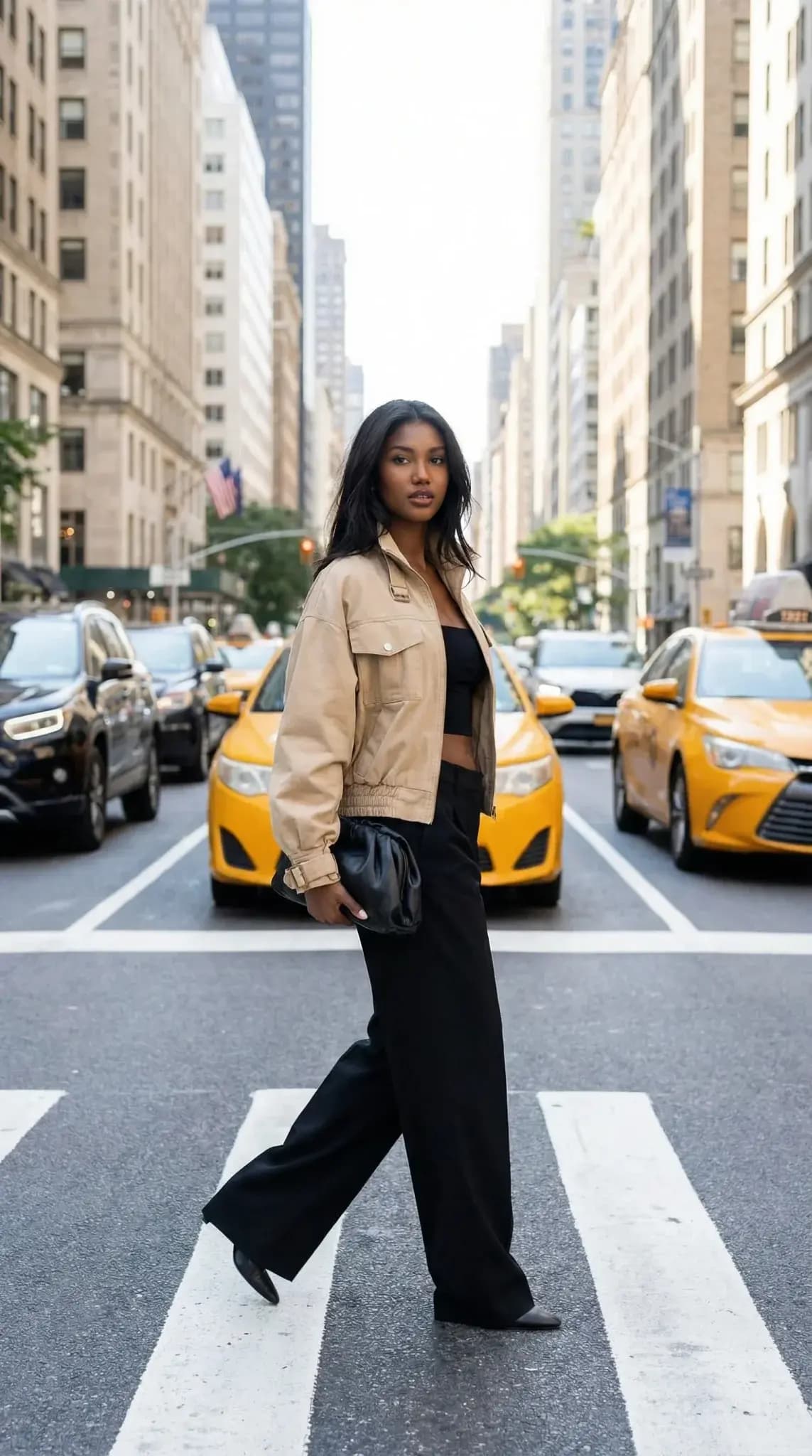 Tan cropped utility jacket with black wide-leg pants on NYC crosswalk