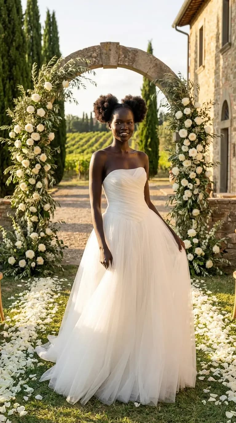 Strapless tulle ballgown at Tuscan vineyard