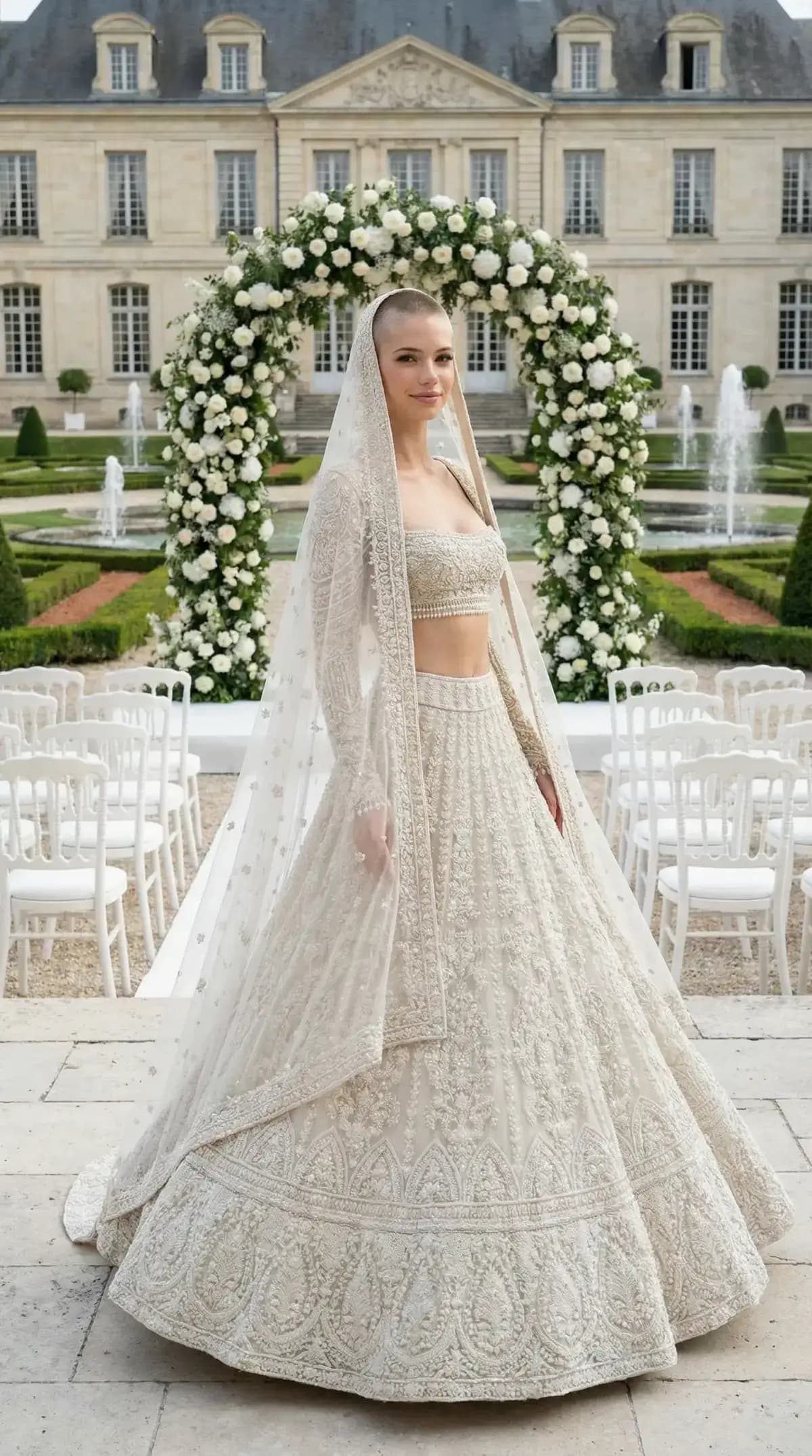 White embroidered Indian lehenga with veil at French chateau ceremony