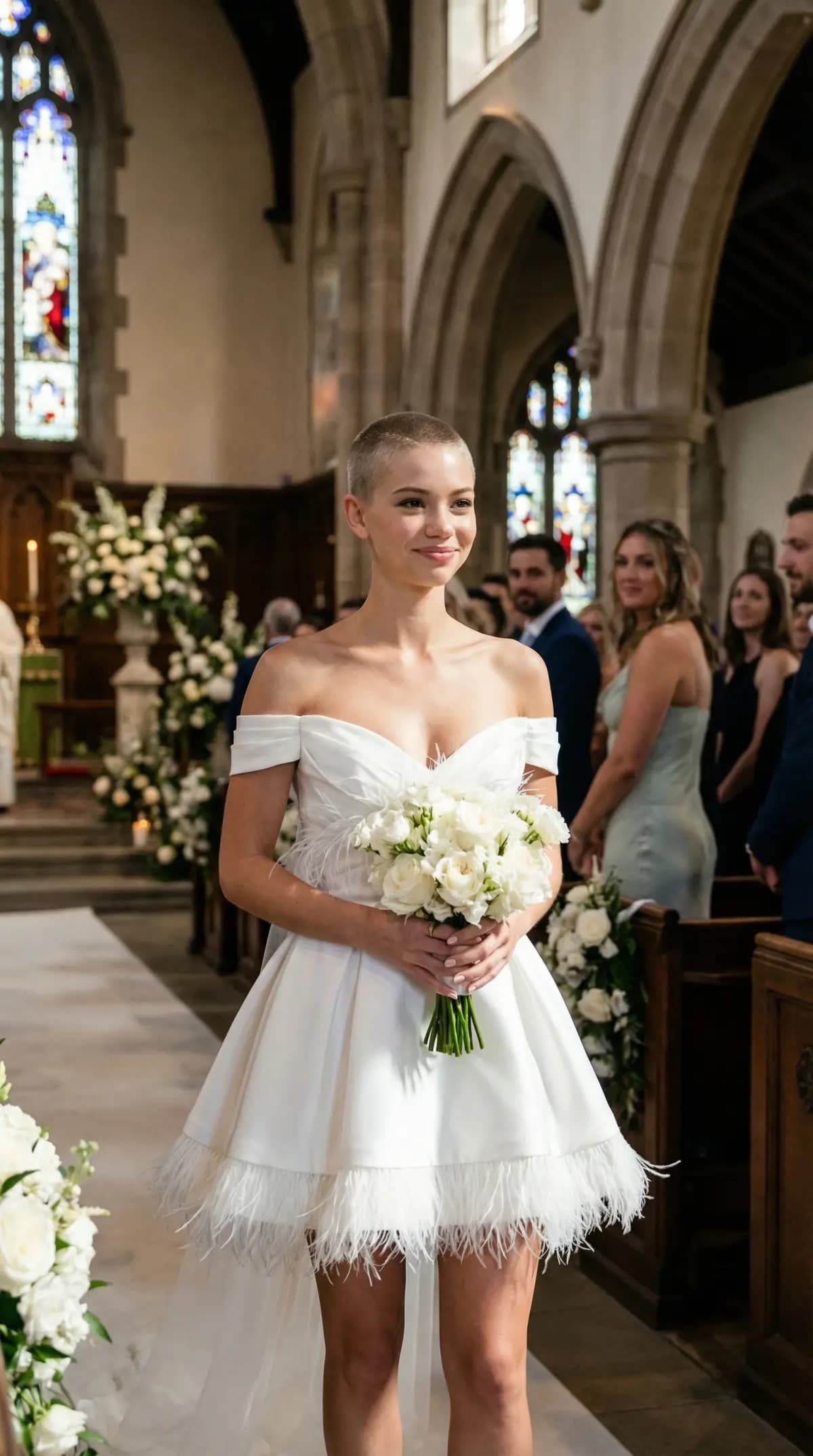 White off-shoulder mini wedding dress with feather hem walking down church aisle