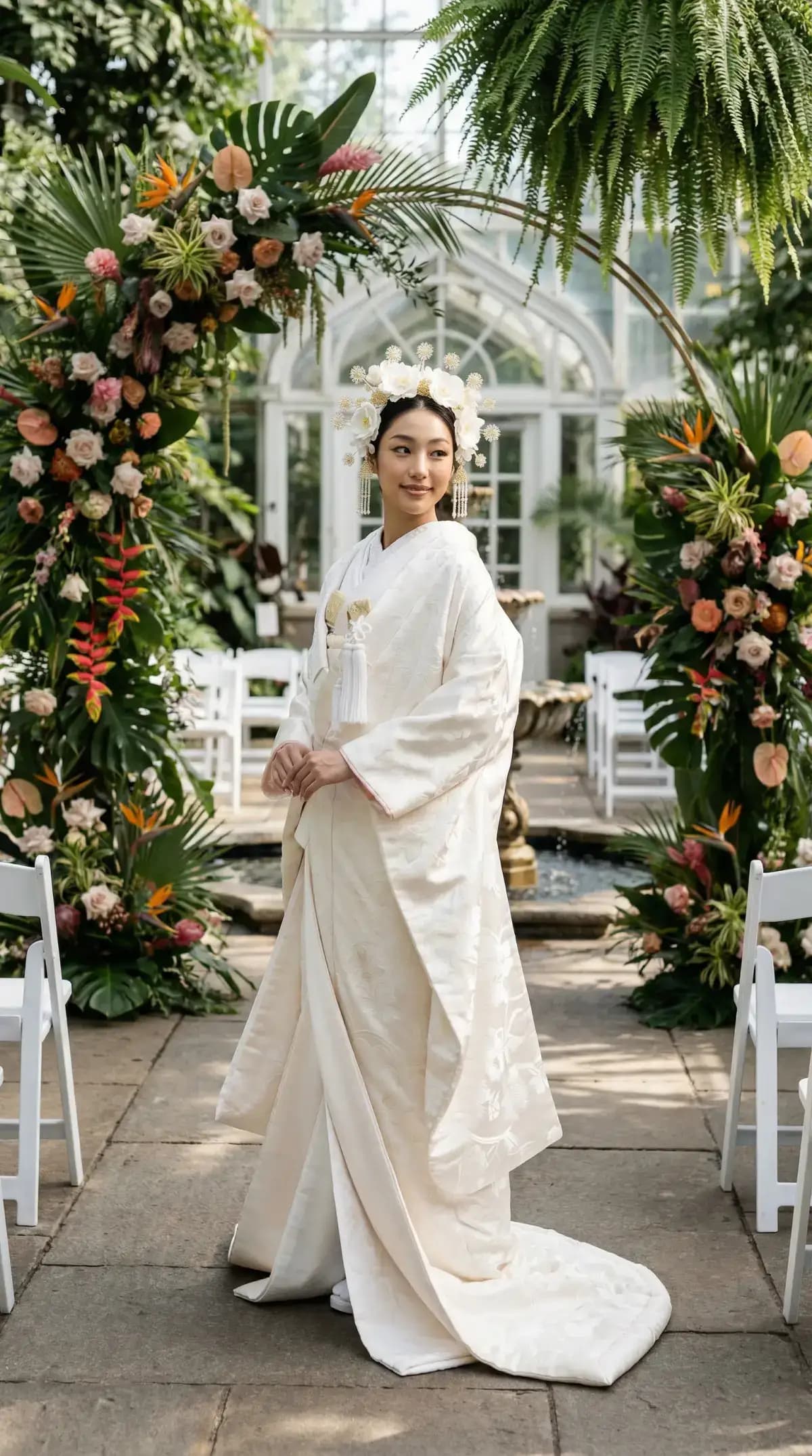 White Japanese shiromuku kimono in tropical conservatory ceremony