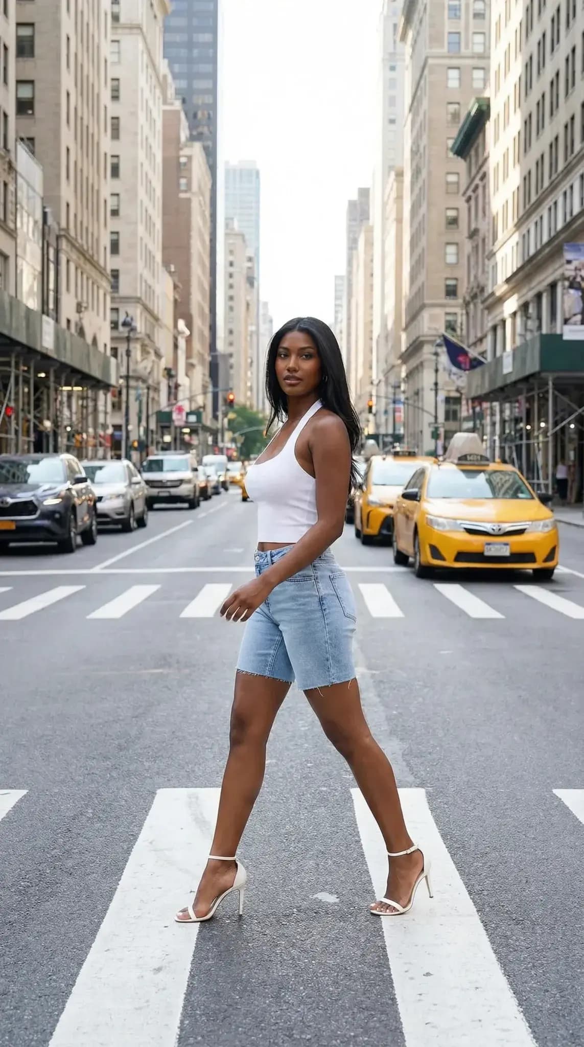 White tank top with light denim shorts on New York City crosswalk
