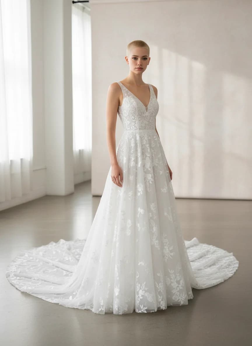 A-Line dress with Cathedral Train and V-Neck neckline