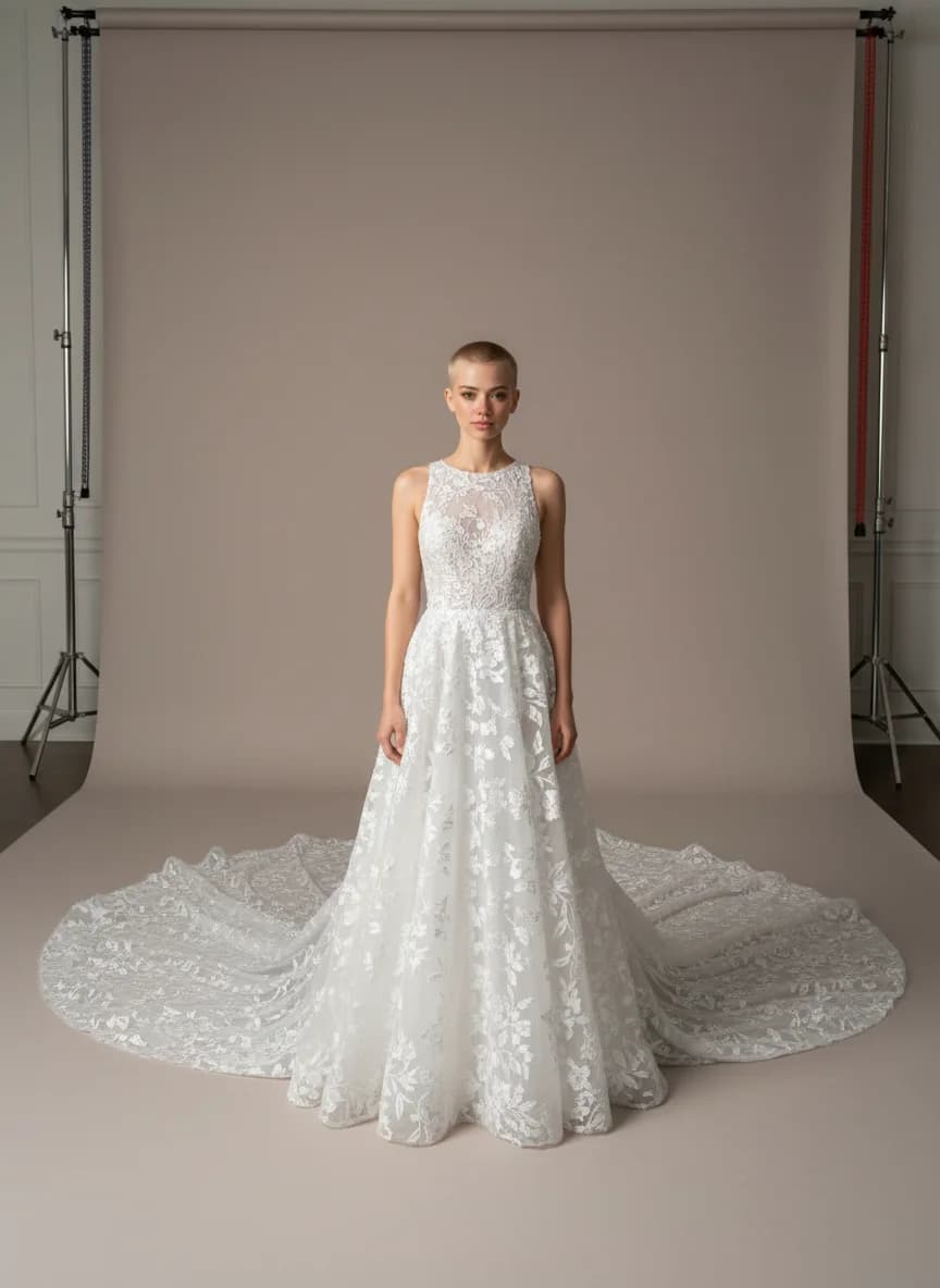 A-Line dress with Cathedral Train and High Neckline neckline