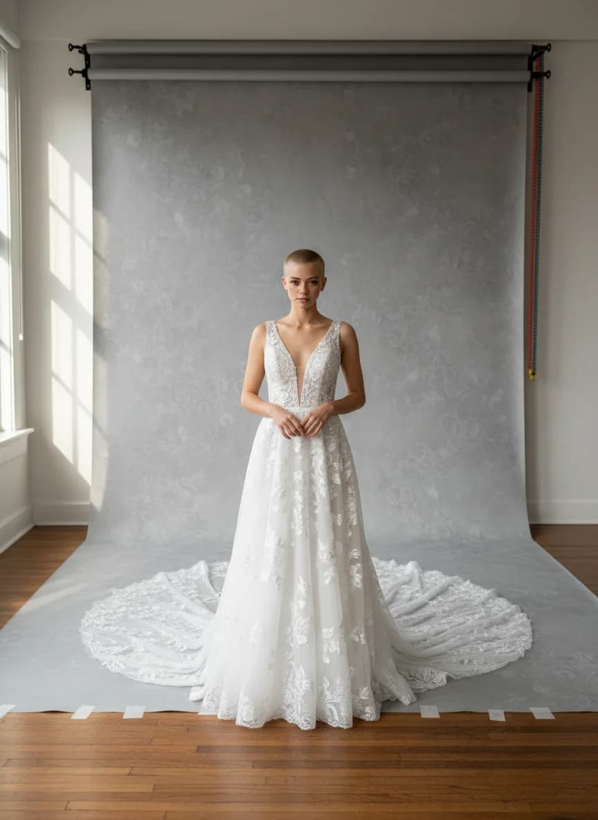 A-Line dress with Cathedral Train and Plunge neckline