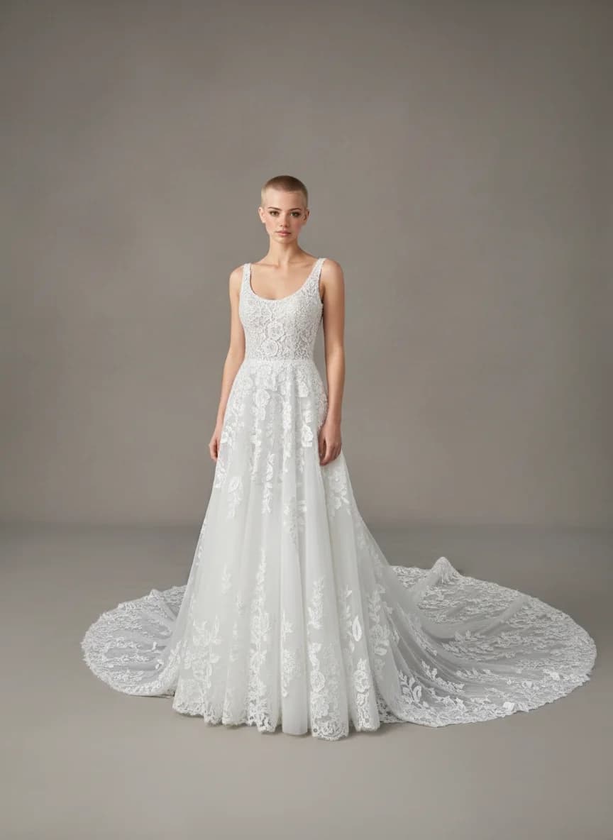 A-Line dress with Cathedral Train and Scoop neckline