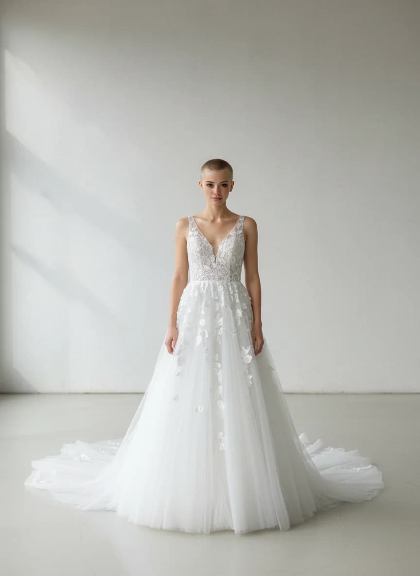 A-Line dress with Chapel Train and V-Neck neckline