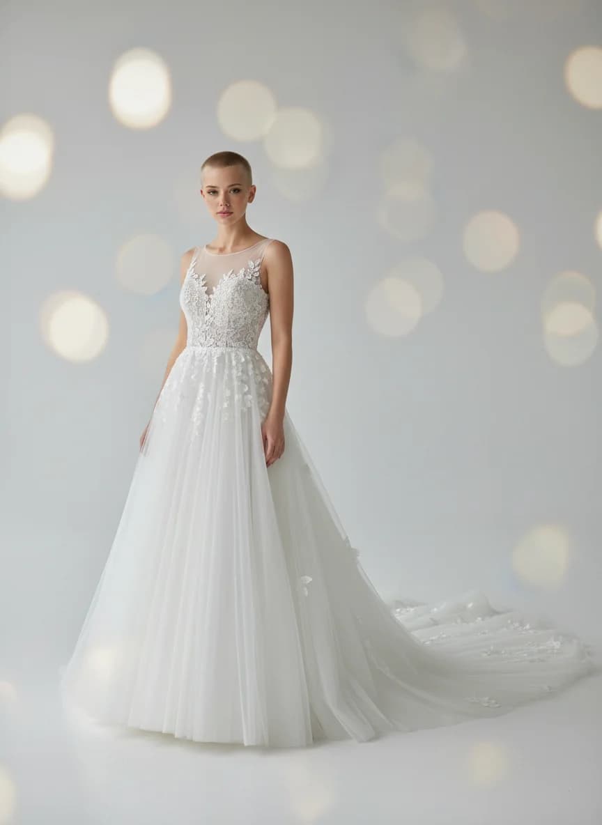 A-Line dress with Chapel Train and Illusion neckline