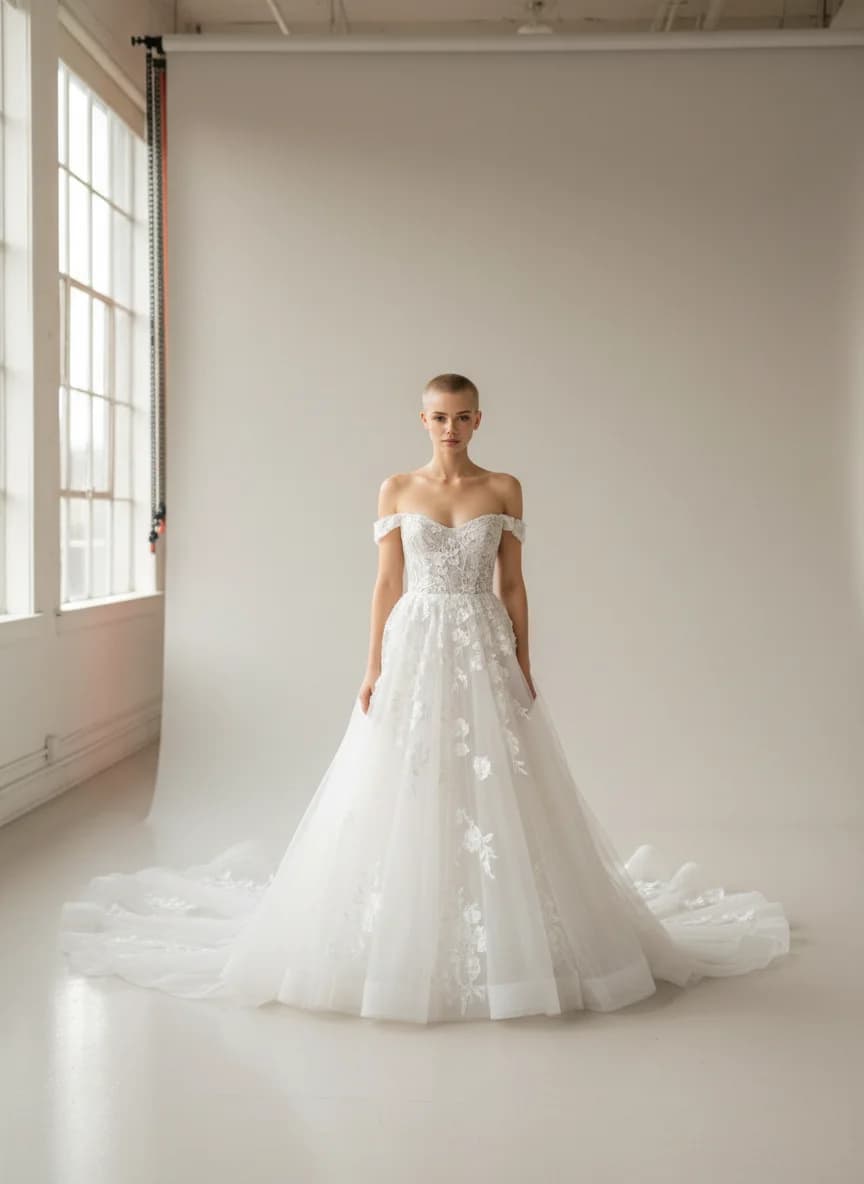 A-Line dress with Chapel Train and Off Shoulder neckline